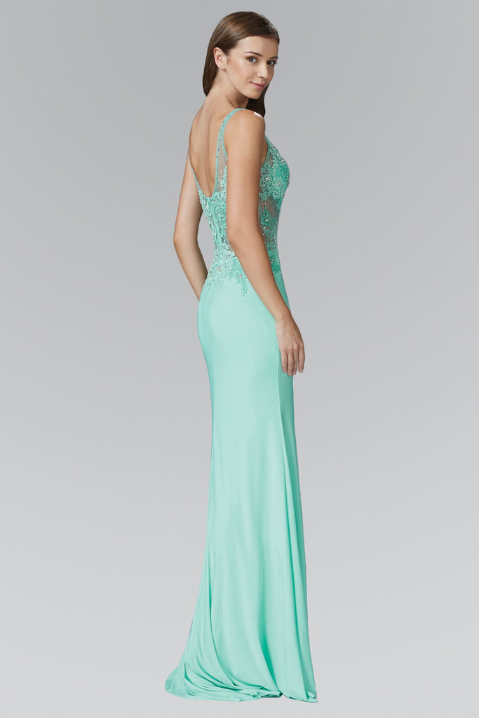 Jersey Long Dress with Sheer Midriff and Side Slit-smcdress