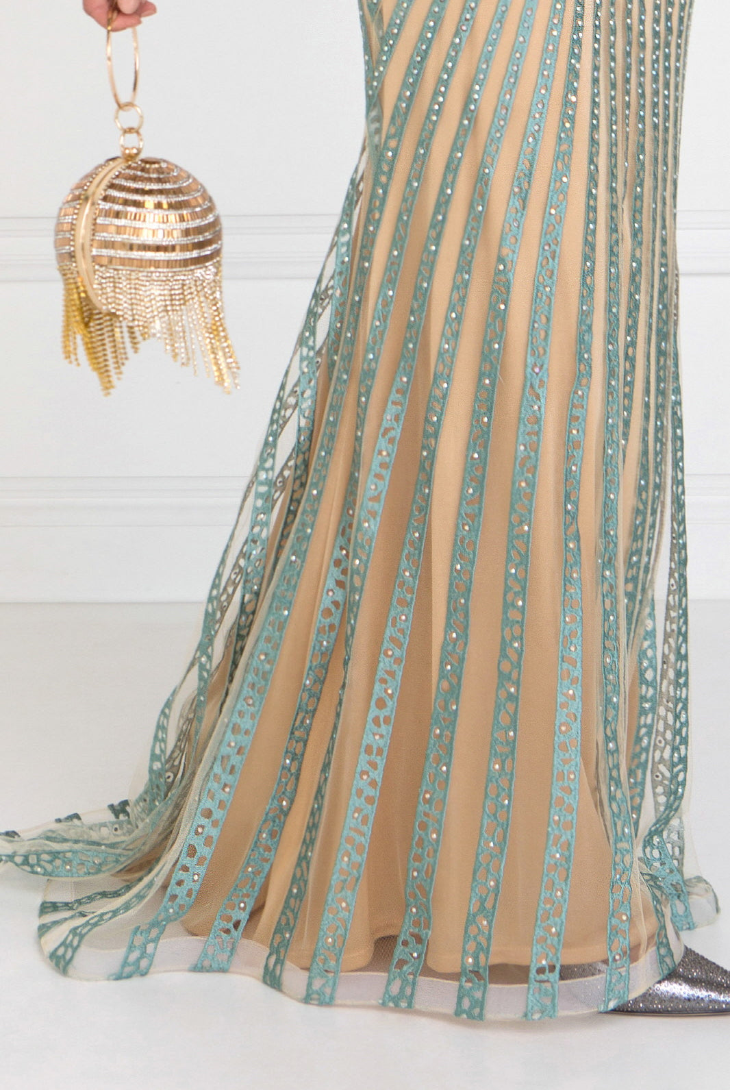 V-Neck Floor Length Dress with Rhinestone on Stripe-smcdress