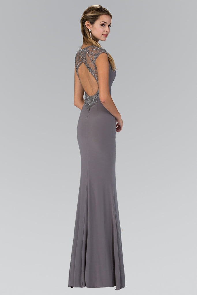 Open Back Cap Sleeve Long Dress Accented with bead-smcdress