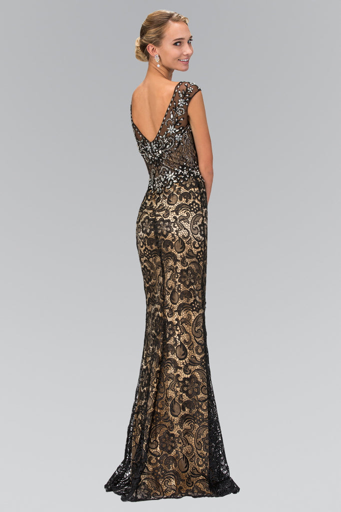 V-Neck Lace Embellished Long Dress with Jewel Detailing-smcdress