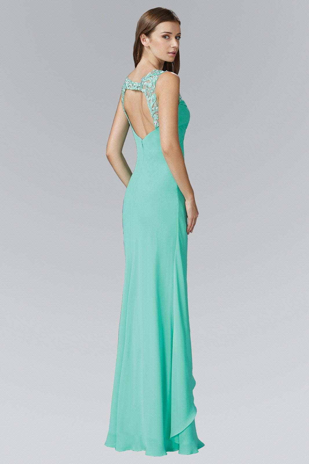 Long Dress with Beaded Illusion Neckline -smcdress