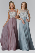 Chiffon Long Dress with Lace Embellished Bodice-smcdress