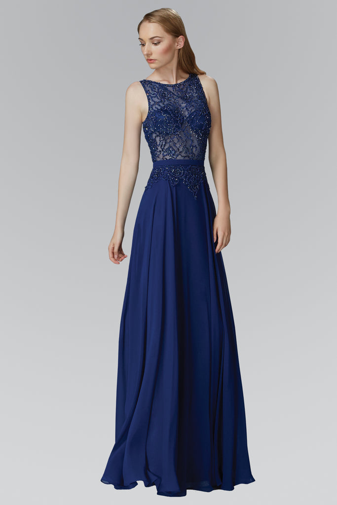 Floor Length Dress with Bead Embellished Sheer Bodice-smcdress