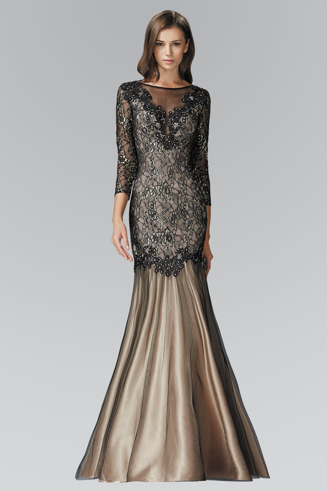 Three Quarter Length Sleeve Lace Long Dress-smcdress