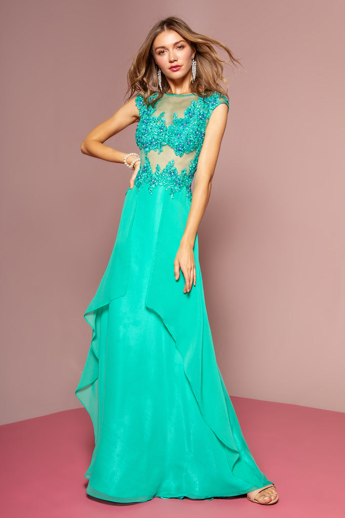 Sheer Bodice and Back Long Dress Accented with Rhinestone-smcdress