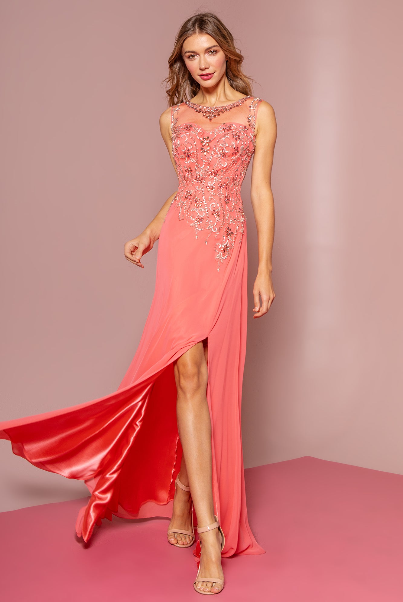 Beaded Chiffon Dress with Sheer Neckline and Side Slit-smcdress
