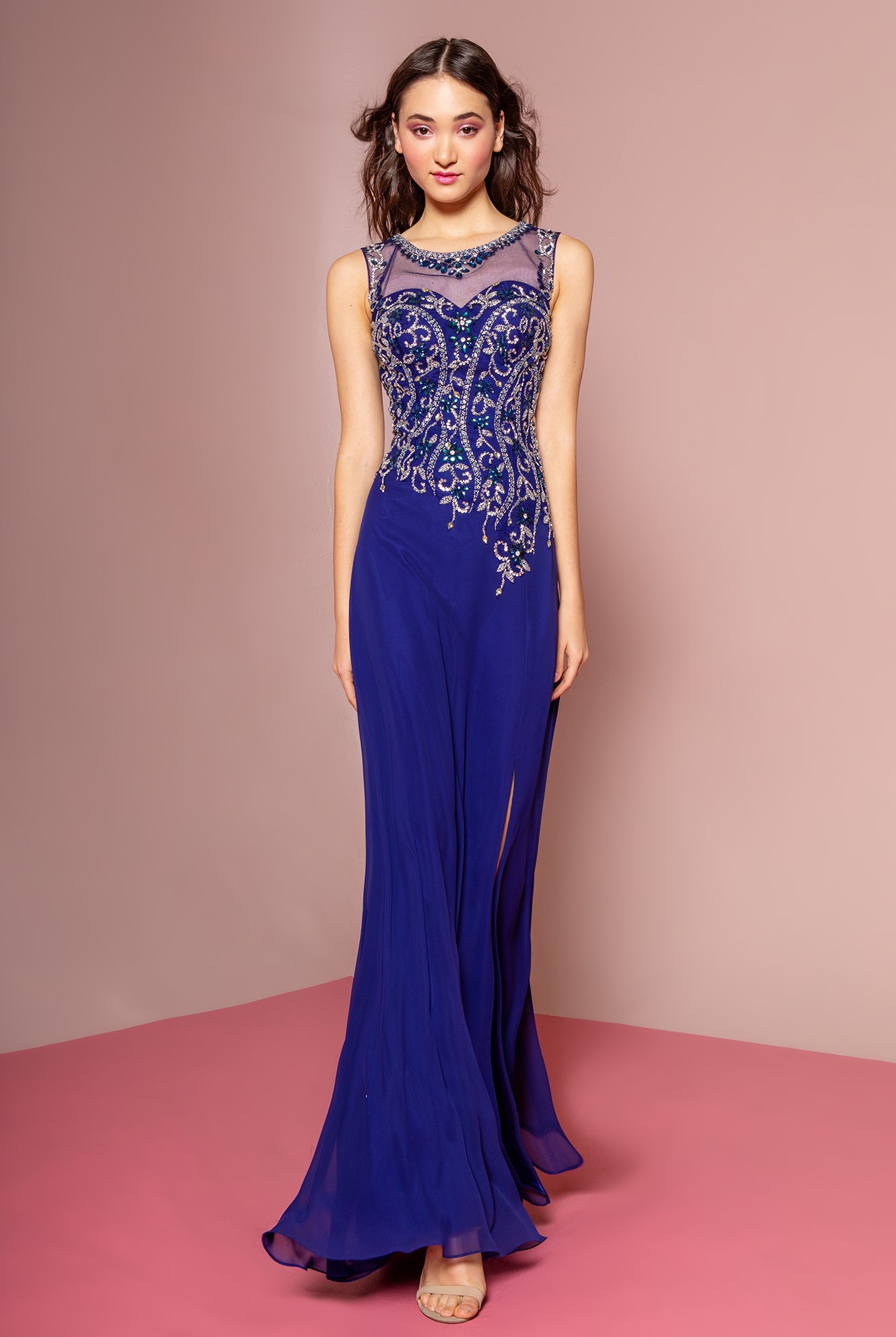 Beaded Chiffon Dress with Sheer Neckline and Side Slit-smcdress