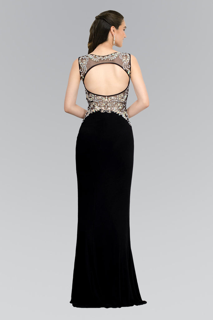 Jewel Embellished Sheer Bodice Jersey Long Dress-smcdress
