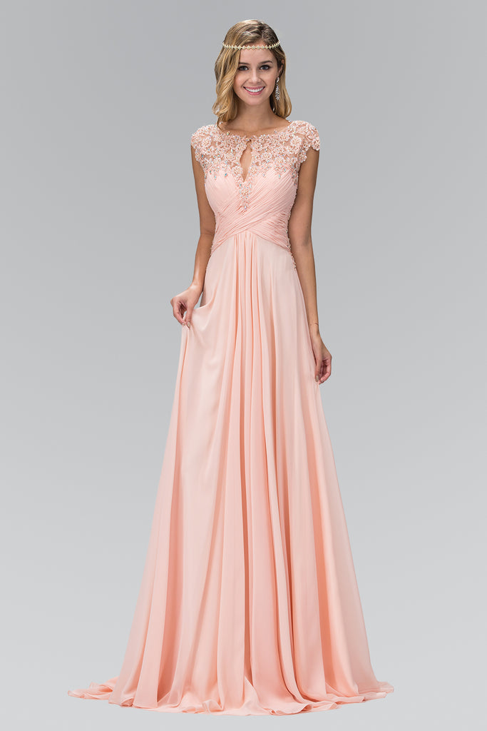 Sheer Back Floor Length Dress with Lace Embellished Ruched Bodice-smcdress