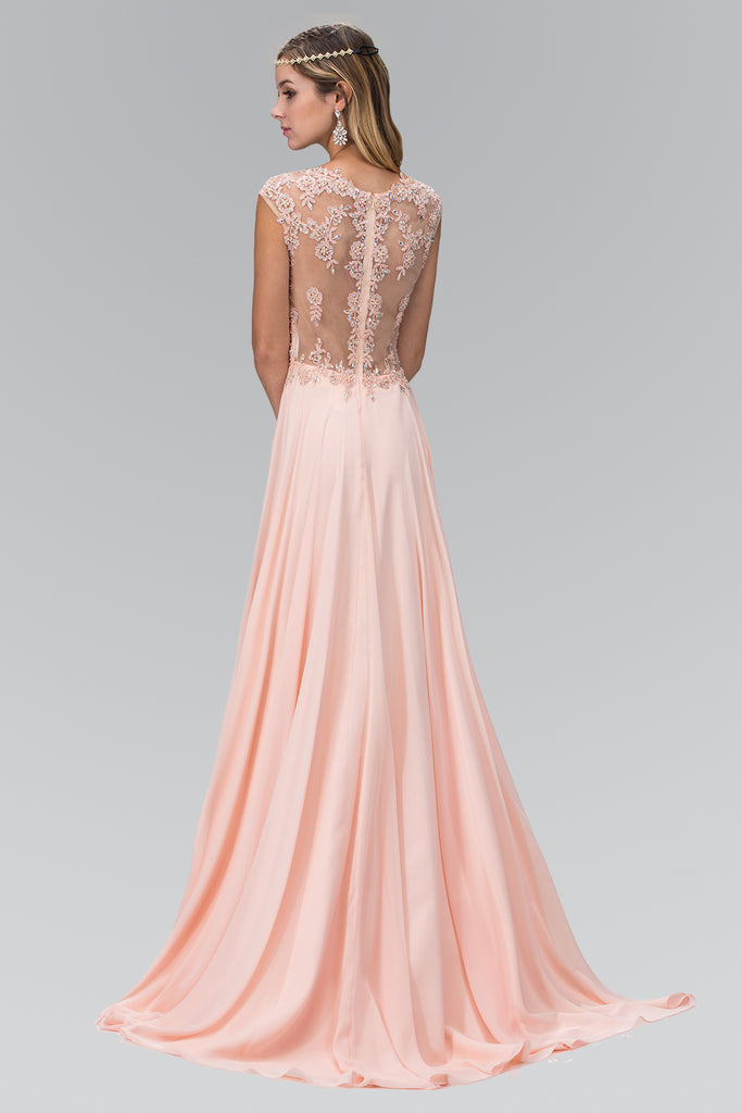 Sheer Back Floor Length Dress with Lace Embellished Ruched Bodice-smcdress