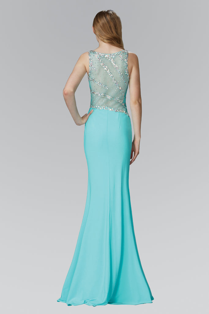 Jewel Embellished Bodice Jersey Floor Length Dress with Side Slit-smcdress