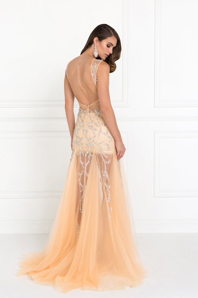 Beade Dress with Sheer Bodice and Open Back-smcdress
