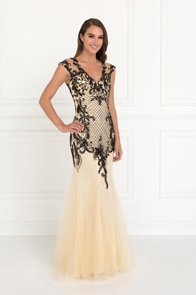 Open Back V-Neck Floor Length Dress with Bead Detailing-smcdress