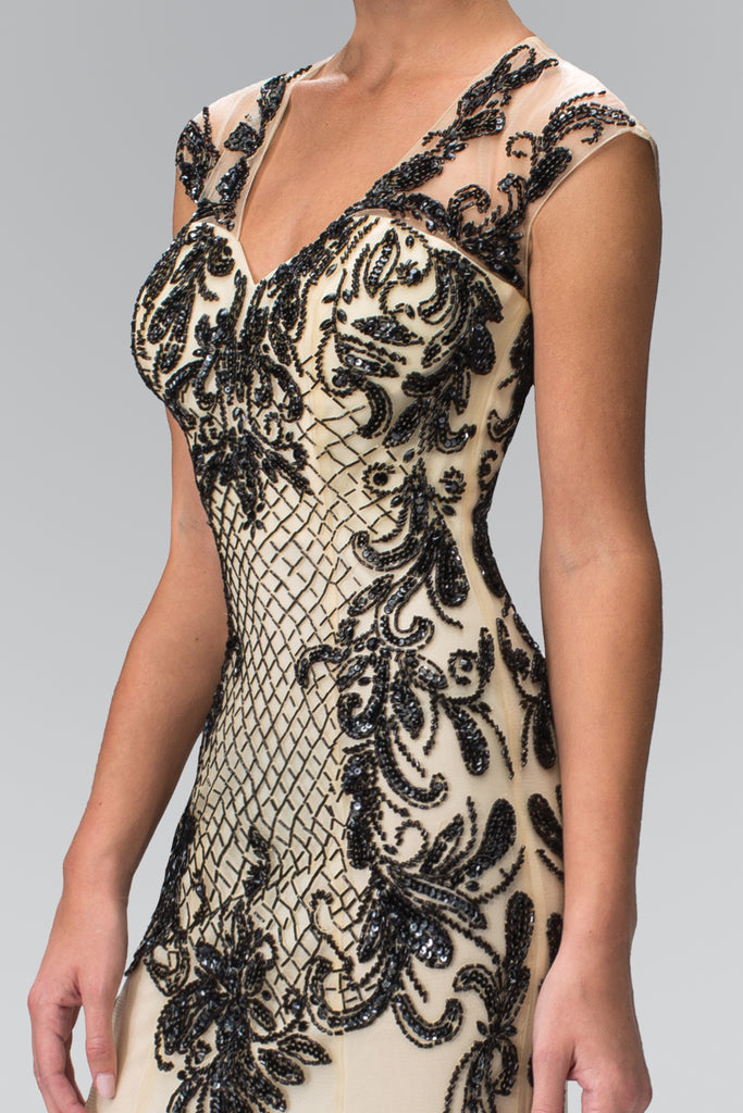 Open Back V-Neck Floor Length Dress with Bead Detailing-smcdress