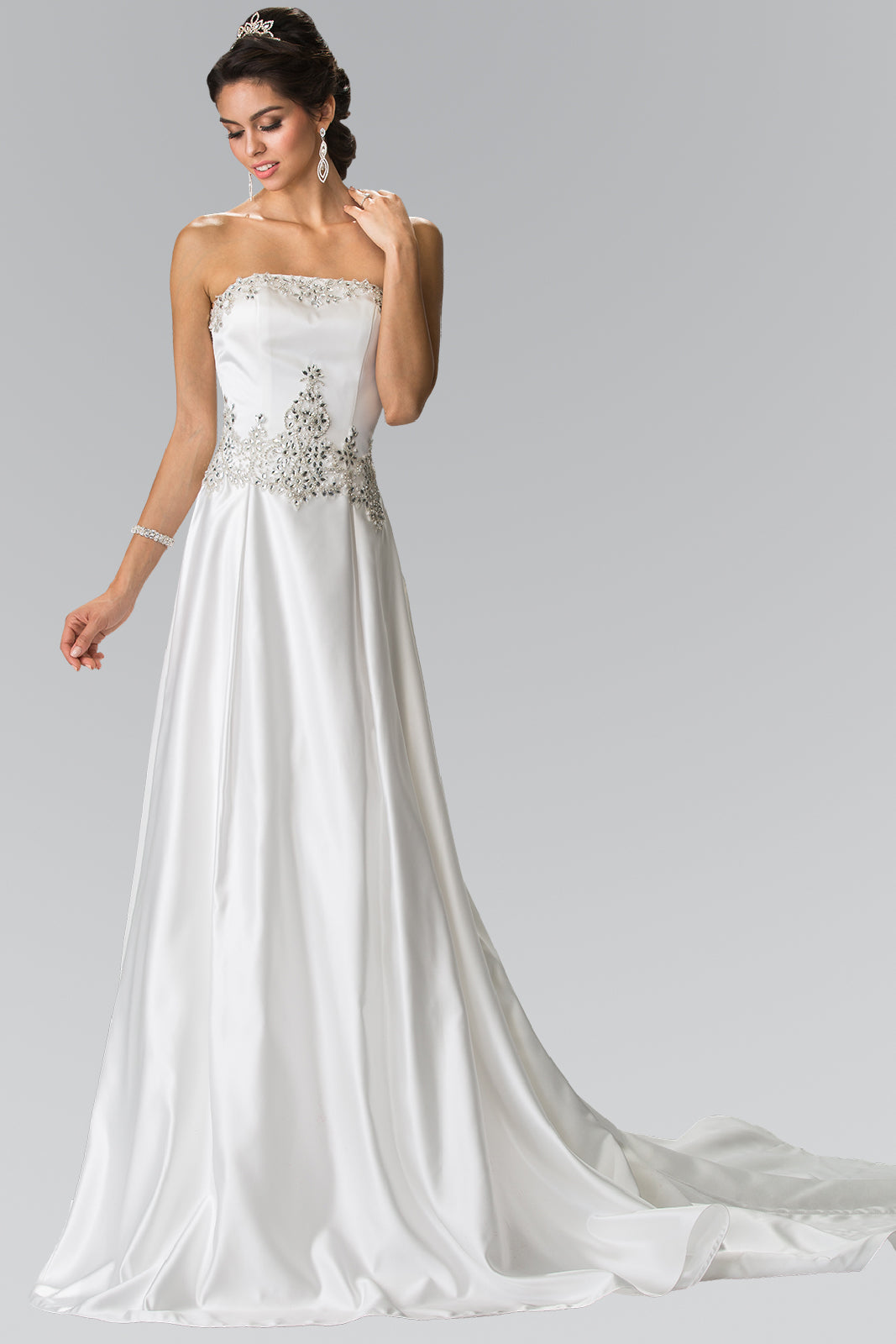 Jewels Embellished Strapless Wedding Dress with Tail-smcdress
