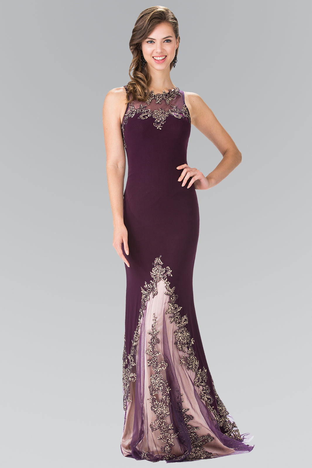 Long High Neck Dress Accented with Embroidery-smcdress
