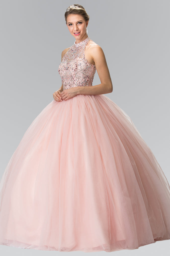 Mesh High Neck Quinceanera Dress with Beaded Bodice-smcdress