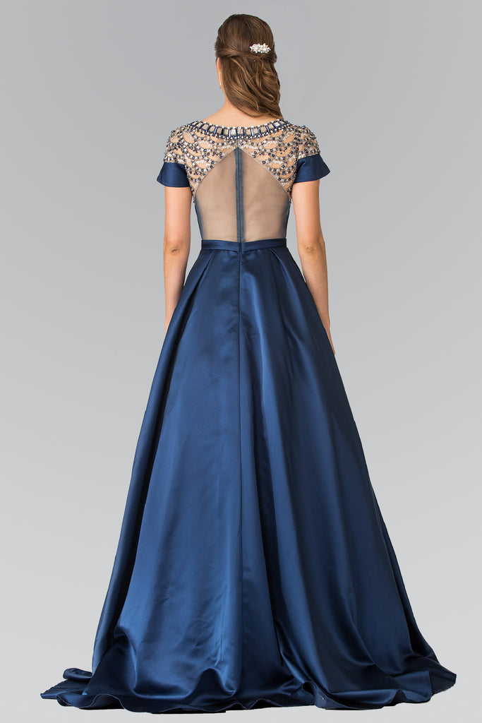 Beads Embellished Mikado Long Dress with Sheer Back-smcdress