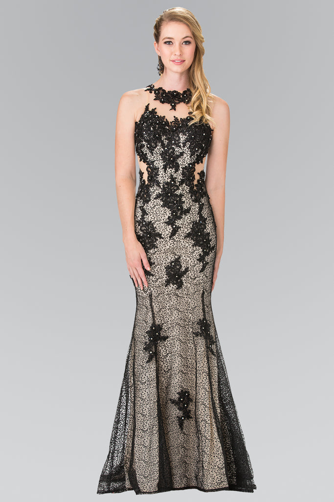 High Neck Mermaid Long Lace Dress with Embroidered Illusion Bodice-smcdress