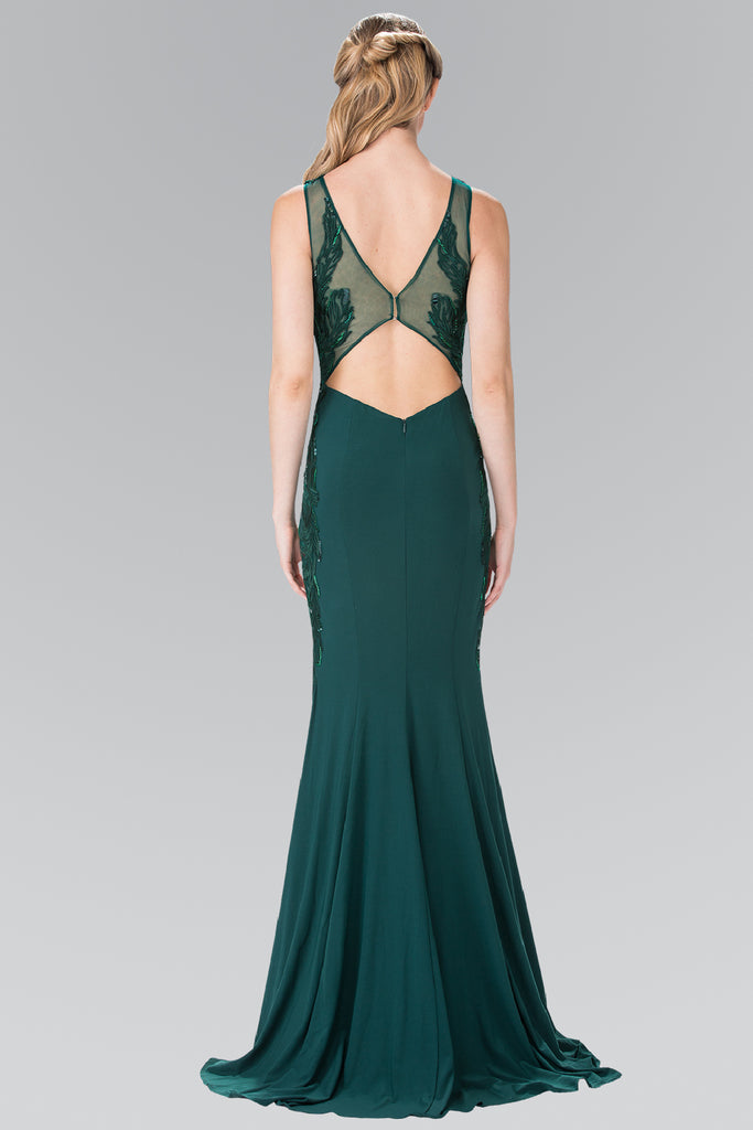 Open-Back Jersey Long Dress Accented with Side Embroidery-smcdress
