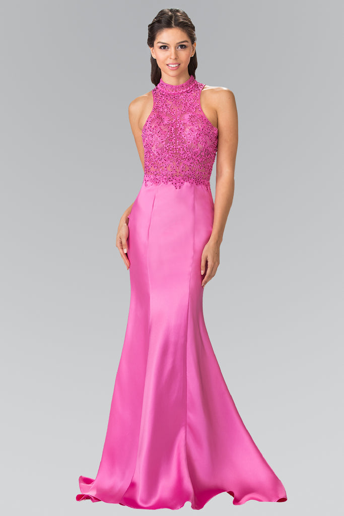 Long High-Neck Dress with Embroidered Bodice and Ruffle Back-smcdress