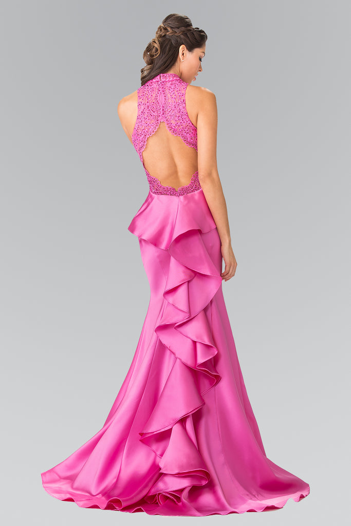 Long High-Neck Dress with Embroidered Bodice and Ruffle Back-smcdress