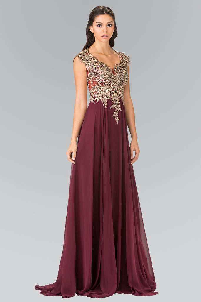 Full Embroidered Top Chiffon Long Dress with Sheer Back-smcdress