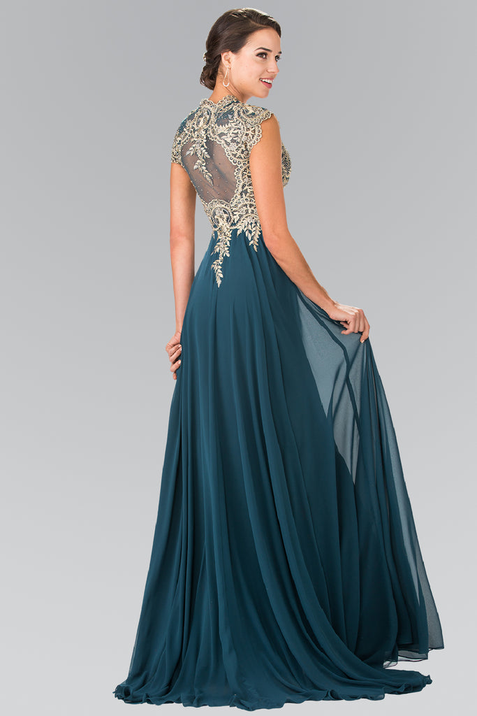 Full Embroidered Top Chiffon Long Dress with Sheer Back-smcdress