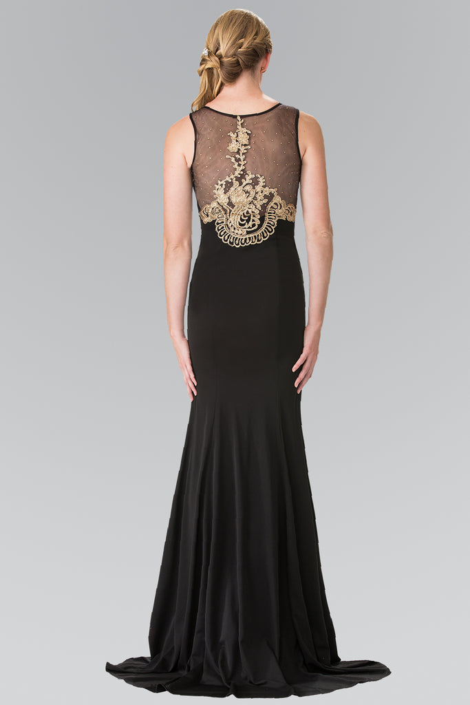 Embroidered Sleeveless Long Jersey Dress with Sheer Bodice-smcdress