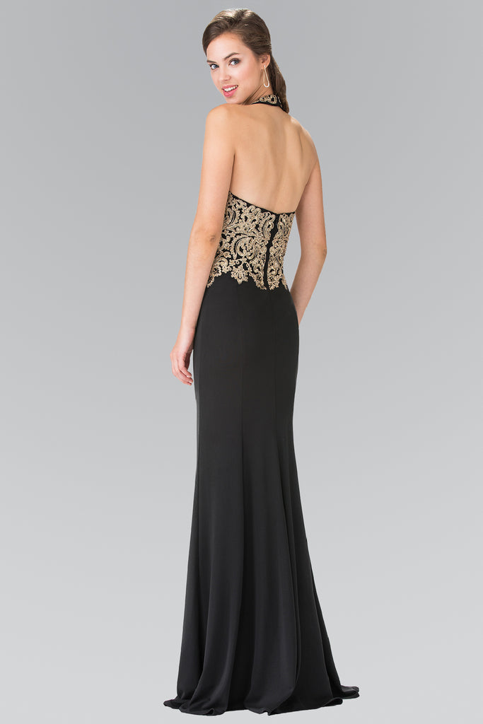 Embroidered Neck Halter Jersey Long Dress with Open Back-smcdress
