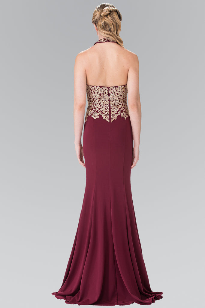 Embroidered Neck Halter Jersey Long Dress with Open Back-smcdress