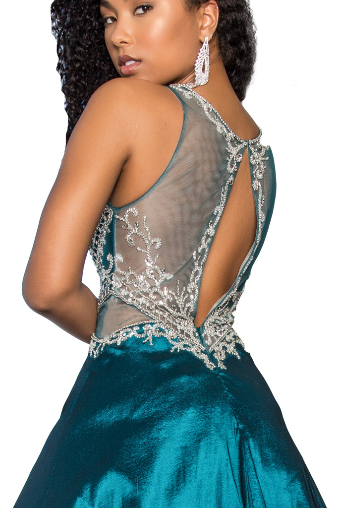 Full-Beaded Top Side Cut-Out Dress with Sheer Back-smcdress