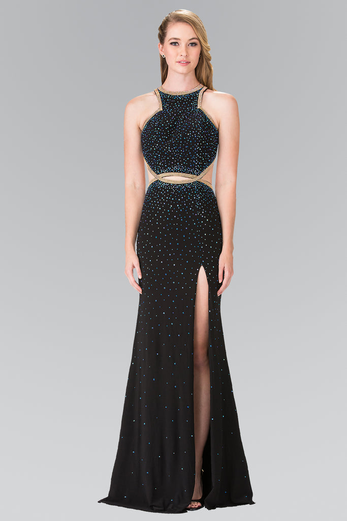 Beaded High-Neck Dress Accented with Slit-smcdress