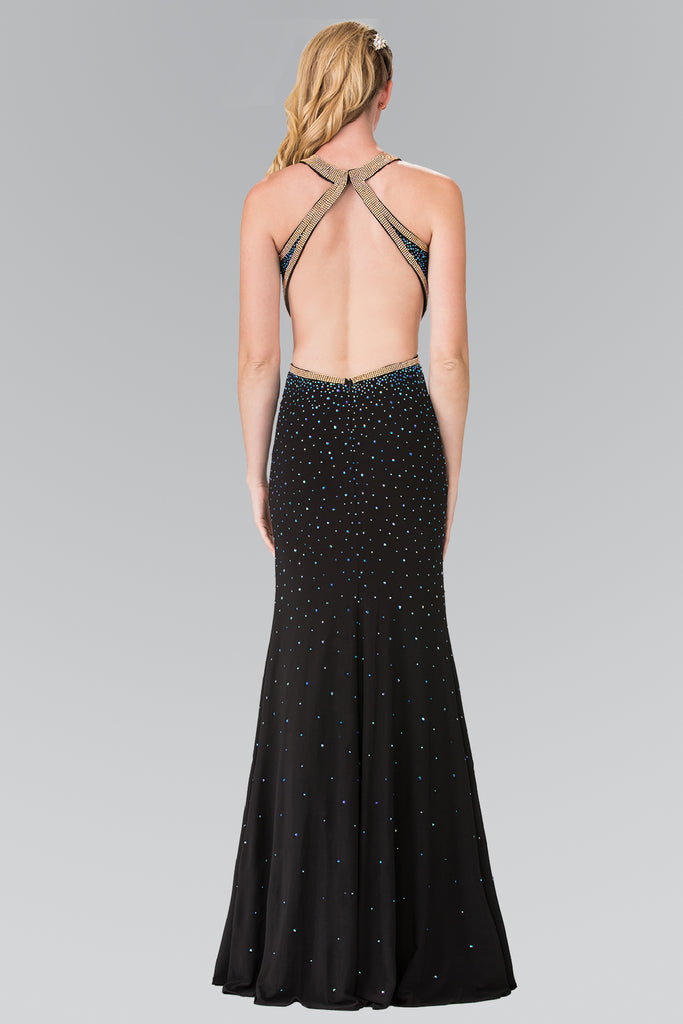 Beaded High-Neck Dress Accented with Slit-smcdress