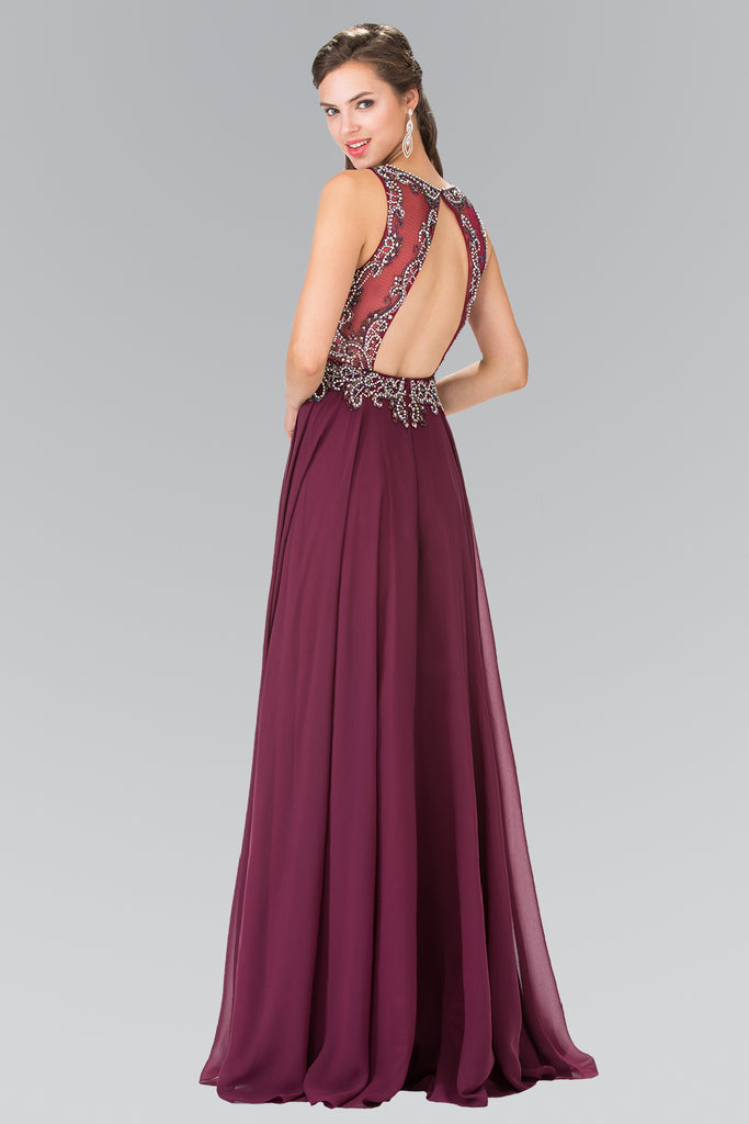 Beaded Top Chiffon Long Dress with Open Back-smcdress