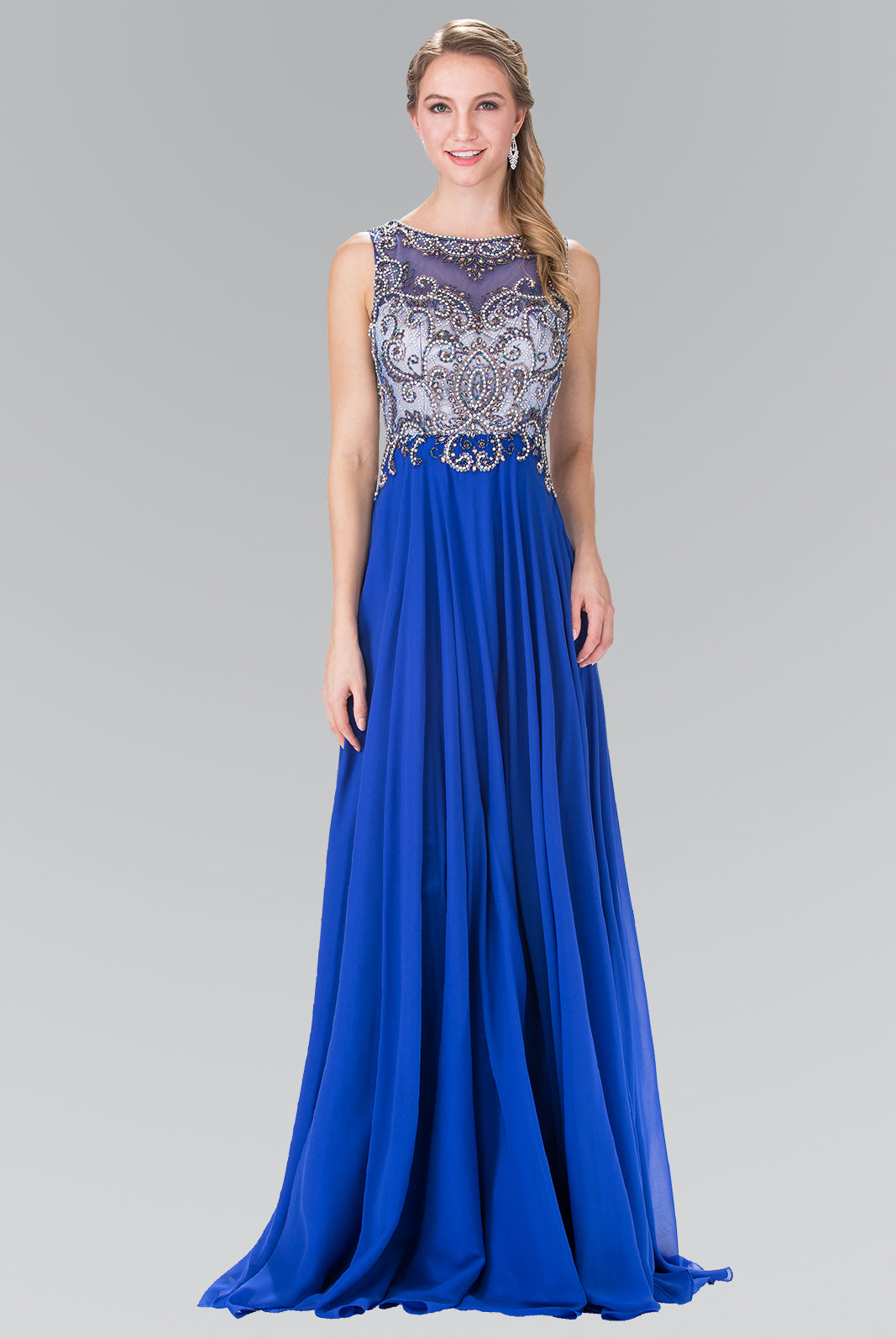 Beaded Top Chiffon Long Dress with Open Back-smcdress