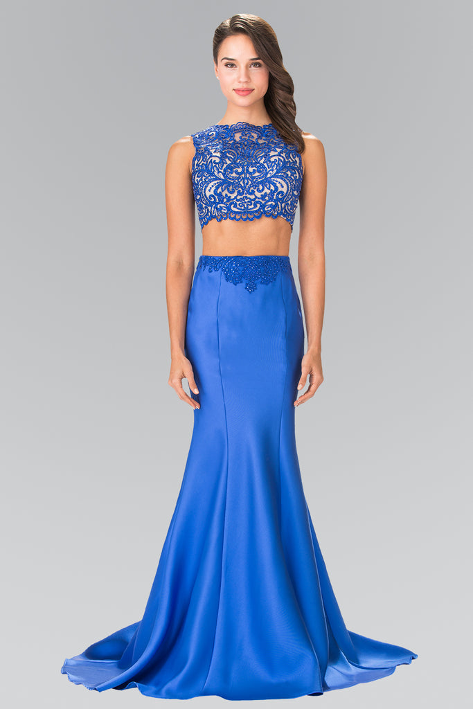 Two-Piece Prom Dress with Lace Top and Satin Skirt-smcdress