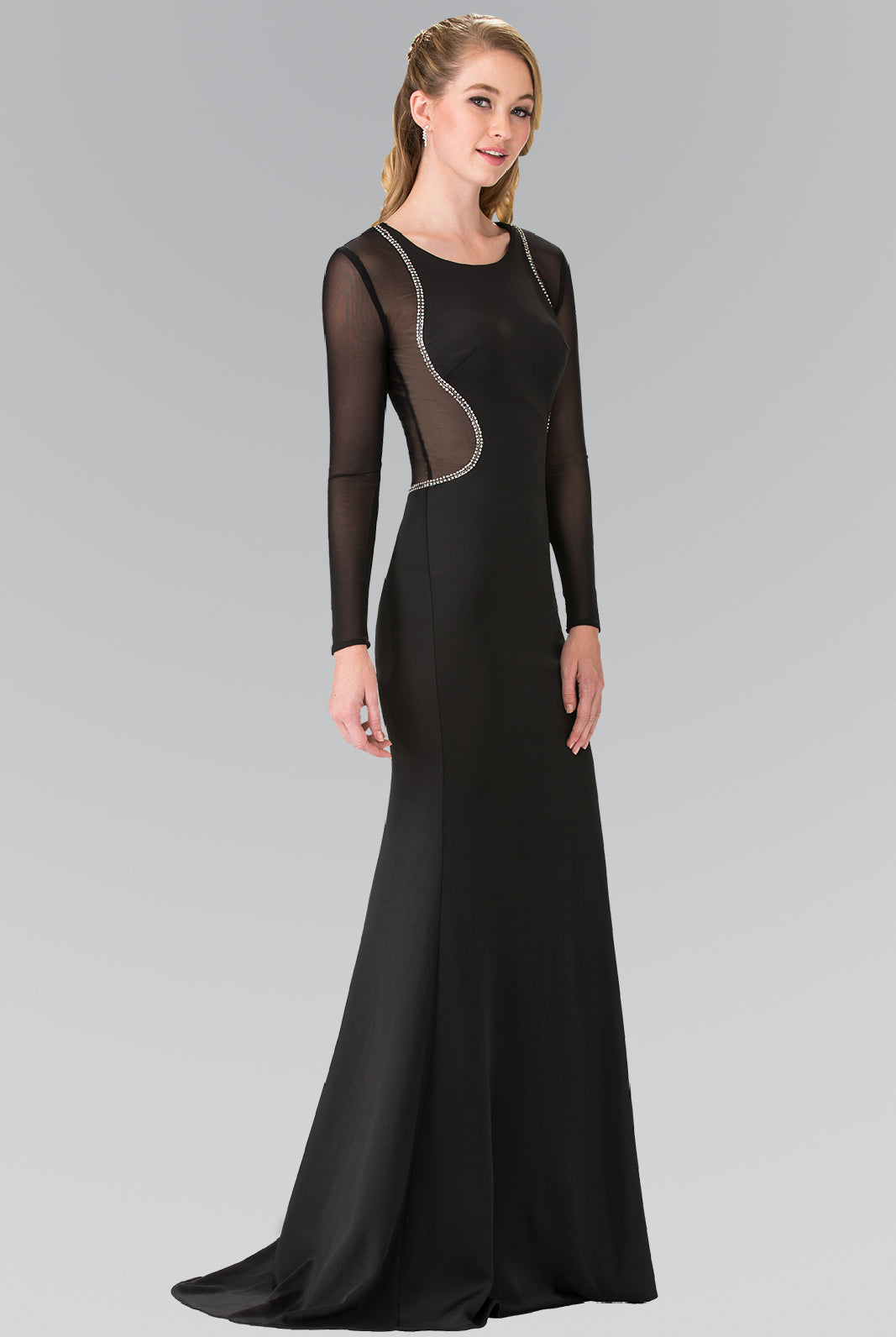 Sheer Long Sleeve Jersey Long Dress Accented with Beaded Details-smcdress