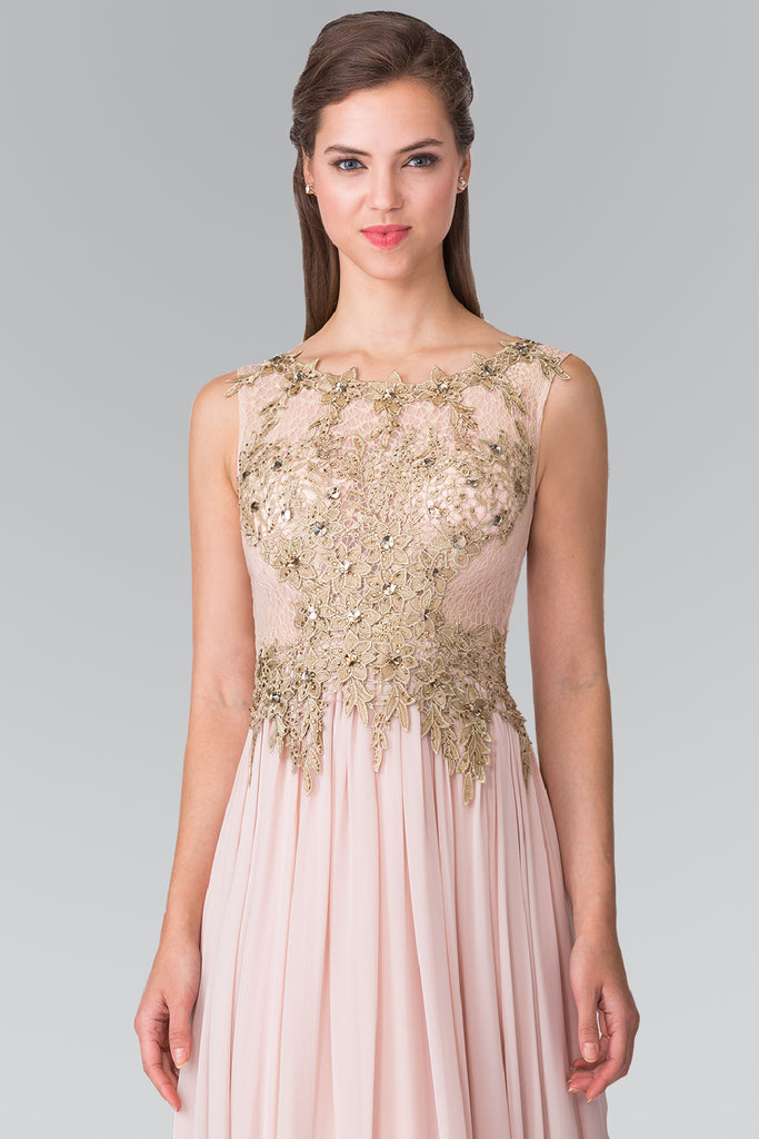 Flower Lace Chiffon Long Dress with Sheer Back-smcdress