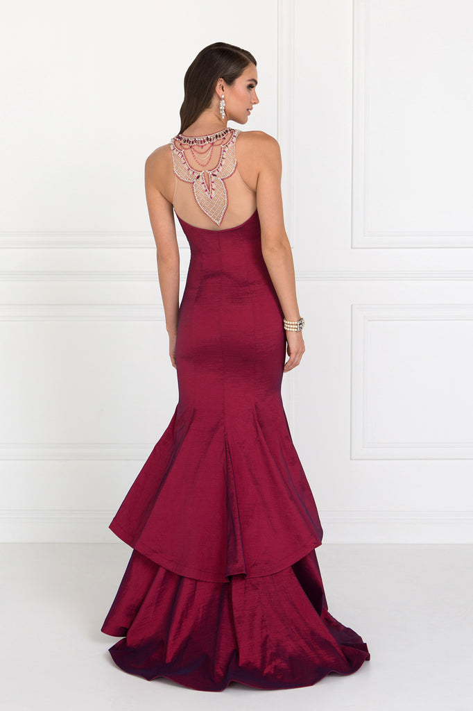 Jewel Accented Long Dress with Two-Tier Skirt-smcdress