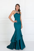 Jewel Accented Long Dress with Two-Tier Skirt-smcdress