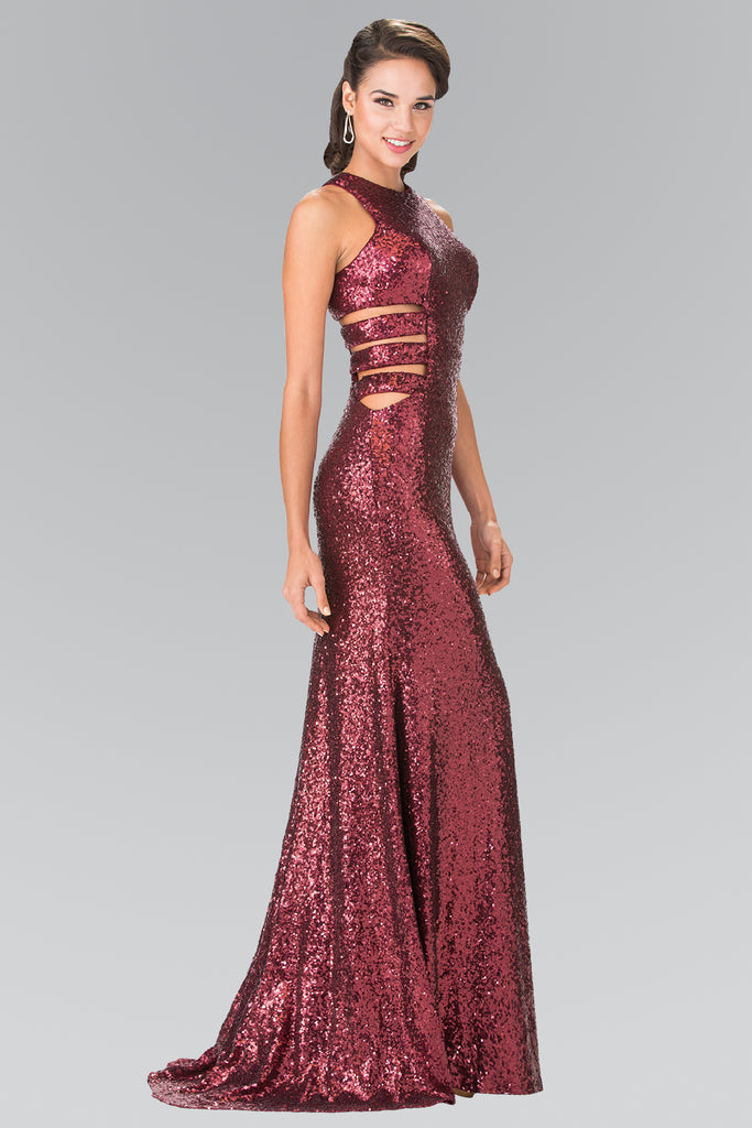 Sleeveless Sequin Long Dress with Side Cut-Out-smcdress