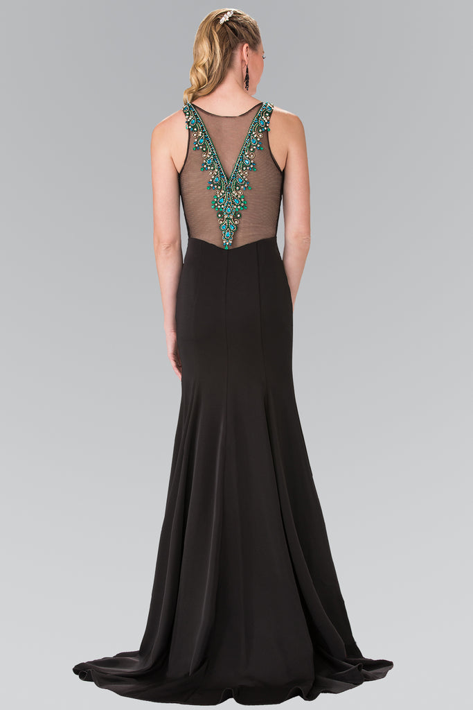 Illusion V-Neck Beaded Top Long Dress with Sheer Back-smcdress