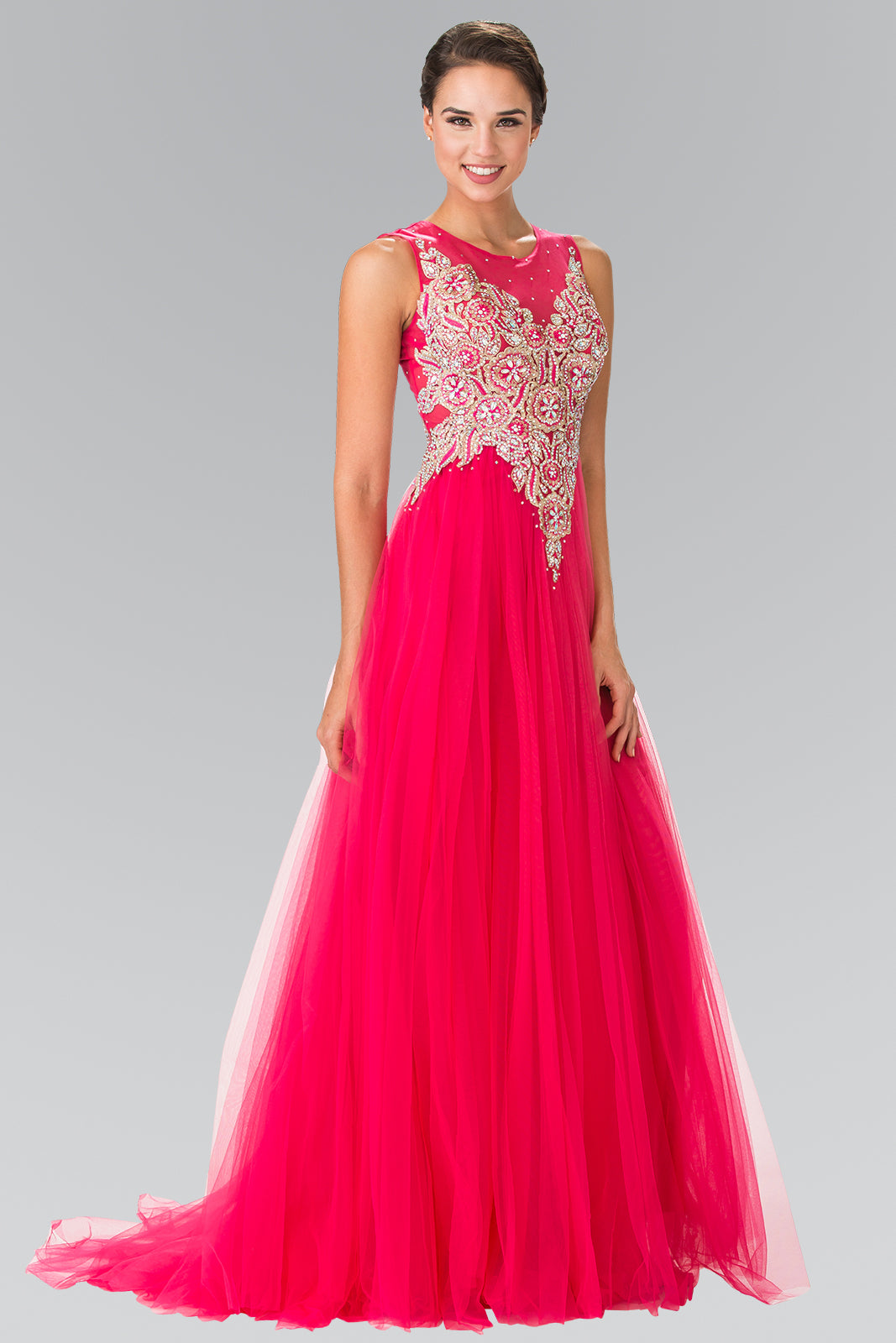 Embroidered Bodice Tulle Long Dress-smcdress