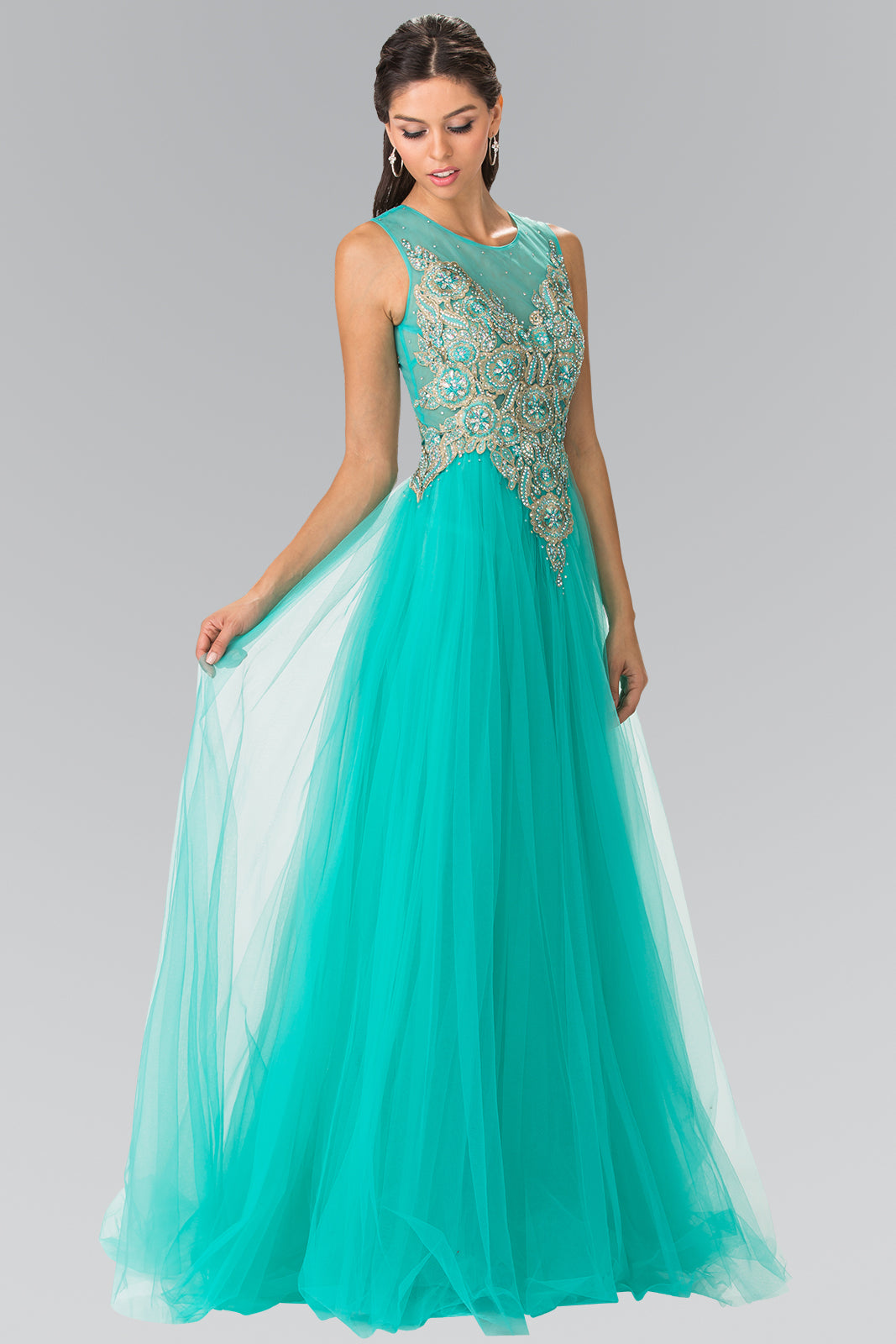 Embroidered Bodice Tulle Long Dress-smcdress
