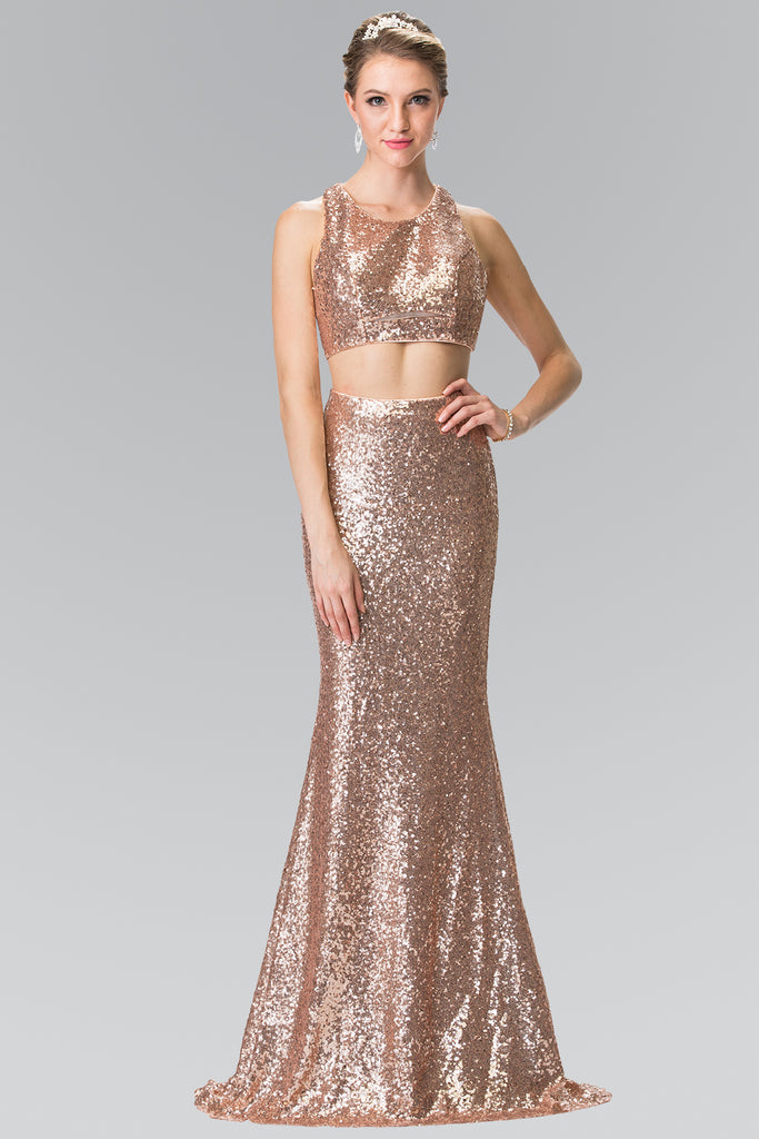 Mock Two-Piece Sequin Long Dress Accented with Side-Cuts-smcdress