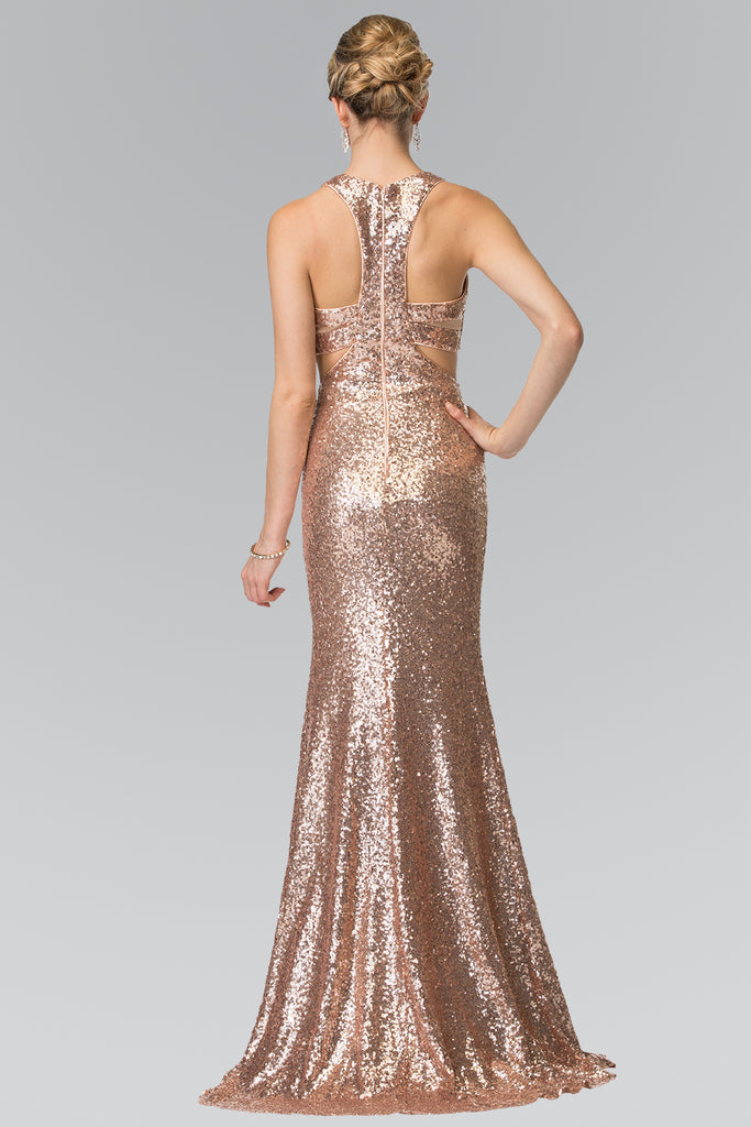 Mock Two-Piece Sequin Long Dress Accented with Side-Cuts-smcdress