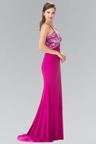 Beads Embellished Jersey Long Dress with Cut-Out Front and Back-smcdress