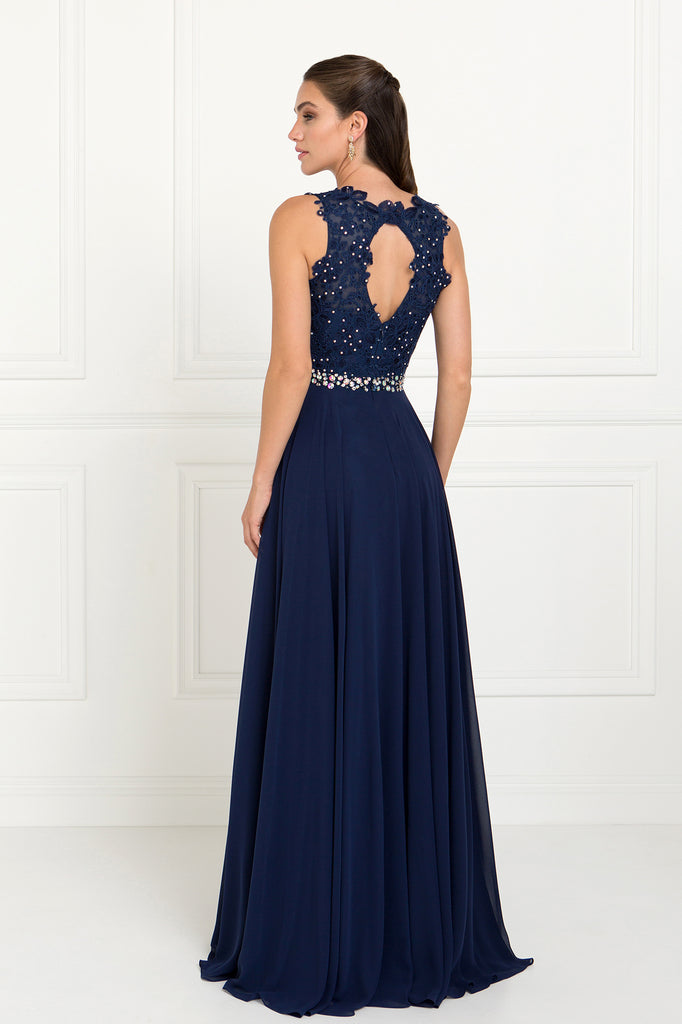 Jewel Embellished Lace Top Chiffon Long Dress-smcdress