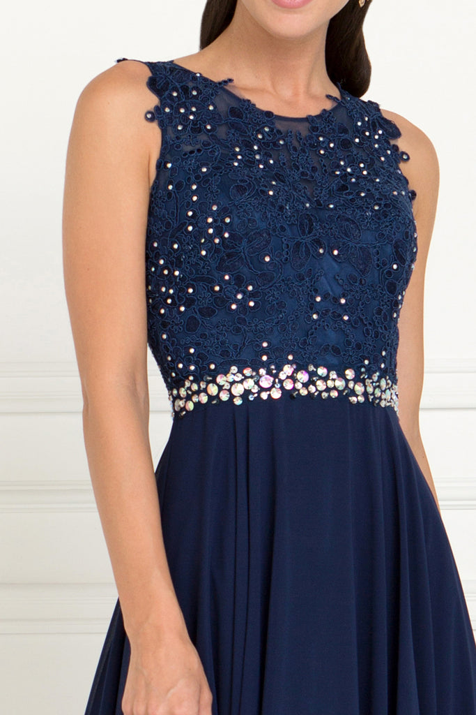 Jewel Embellished Lace Top Chiffon Long Dress-smcdress